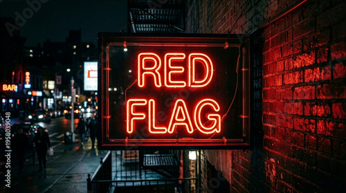 Red Flag Neon Sign in Urban Night