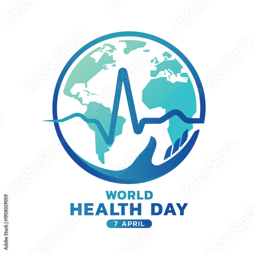 World health day - Line blue heart wave with circle around to hand hold green globe sign vector design
