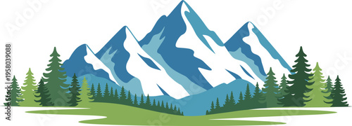 Blue snowy mountain peaks landscape with green pine forest and meadow for outdoor travel and nature adventure design.