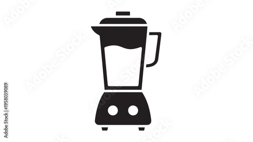 Blender icon with a jar filled with liquid and a lid, sitting on a base with two buttons. featuring kitchen, appliance, mixer with food processor and