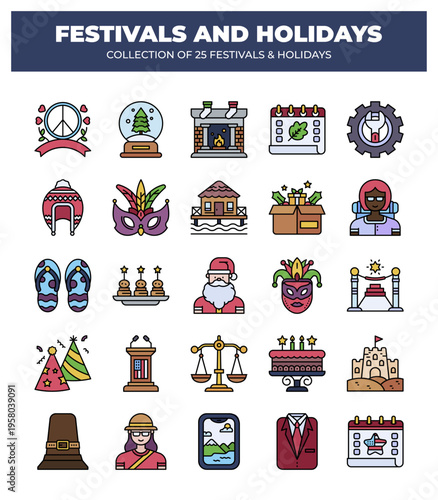Collection of 25 Festivals and Holidays. Icons and Symbols