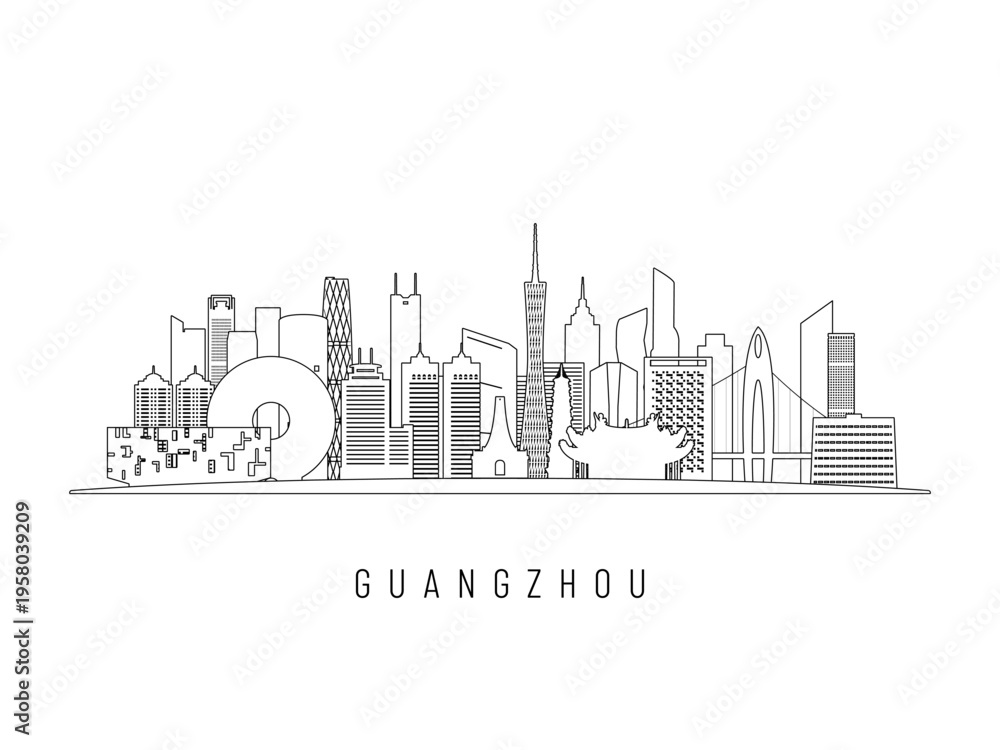 Fototapeta premium Detailed Guangzhou skyline vector illustration. Guangzhou buildings in line art style, perfect for modern designs.