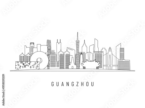 Detailed Guangzhou skyline vector illustration. Guangzhou buildings in line art style, perfect for modern designs.