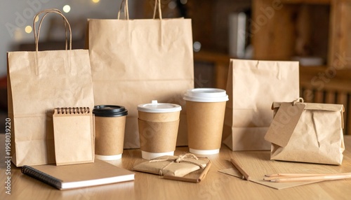A collection of plain brown paper packaging items including a shopping bag, coffee cups, a notebook, an envelope, gift tags, and pencils