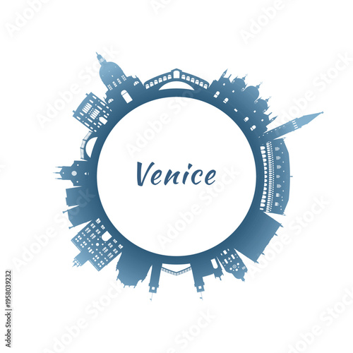 Venice skyline with colorful buildings. Circular style. Stock vector illustration
