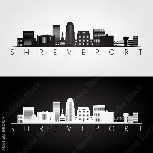Shreveport, LA skyline and landmarks silhouette, black and white design, vector illustration.  