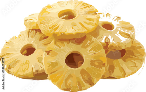 Heap of dried pineapple rings vector illustration isolated on white background representing healthy snacks and dehydrated tropical fruit.