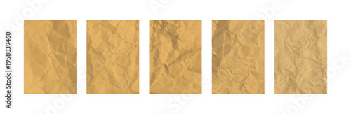 Brown paper sheets with wrinkles vector set, craft paper crumpled texture, realistic 3d wrinkled poster page background