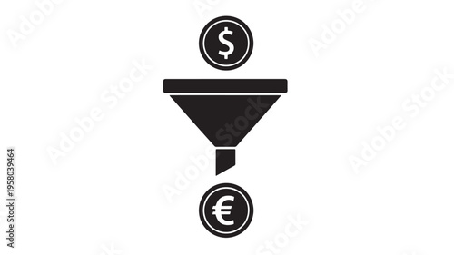 Funnel icon with dollar coin entering and euro coin exiting, symbolizing conversion, sales funnel, and financial process.