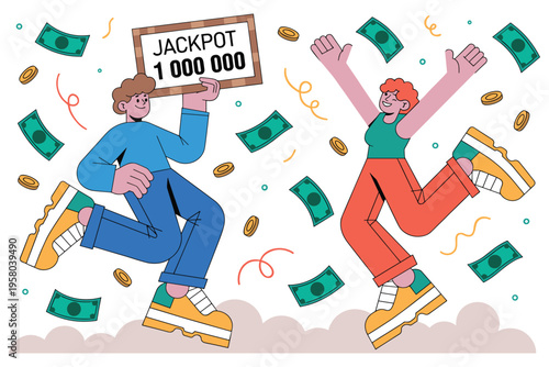 Happy cartoon characters celebrating a big jackpot win with flying money and coins around them joyfully