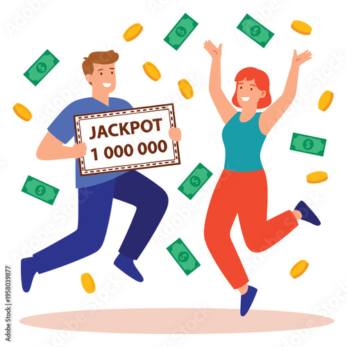 Happy excited man and woman celebrating a big lottery or jackpot win with flying money and coins around them