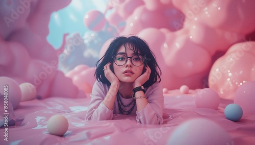 Thoughtful young woman wearing glasses resting on chin surrounded by soft pastel pink clouds and dreamy lighting. Whimsical surreal concept.
