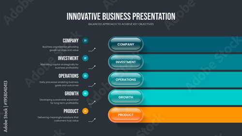 Corporate Introduction 5 Option Diagram Slide Layout. Enterprise Profile Five Step Infographic Frame Template. Financial Showcase Slideshow Design Vector Illustration.