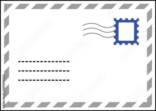 Minimal vector illustration of a blank postal envelope with an air mail border and postage stamp. 