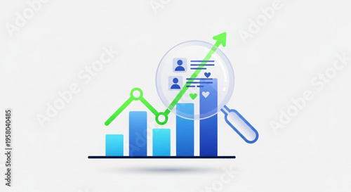 Business growth chart with magnifying glass analyzing increasing graph and people icons symbolizing market analysis and success