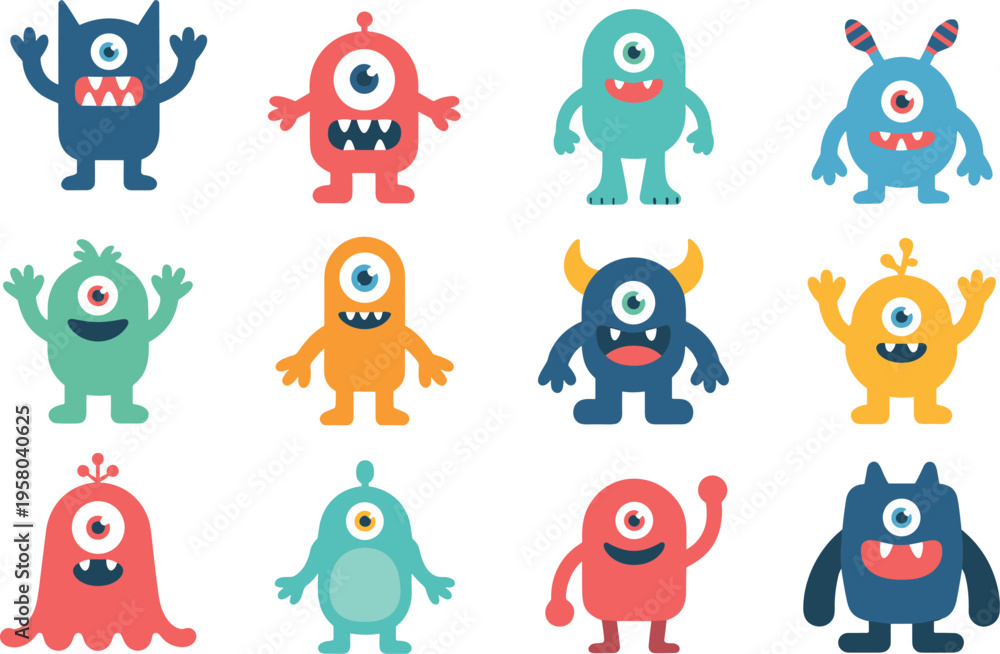 Obraz premium Collection of cute one eyed monster characters in various colors and shapes for children gaming and app design.