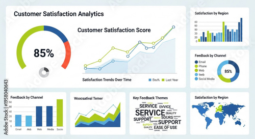 Customer satisfaction analytics dashboard with graphs and charts showing trends and feedback