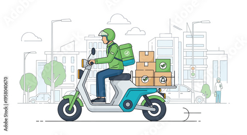 Delivery man riding scooter with packages in city.