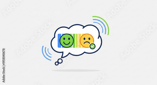 Mixed emotions represented by a green smiley face and a yellow frowning face in a thought bubble with sound waves on a white background
