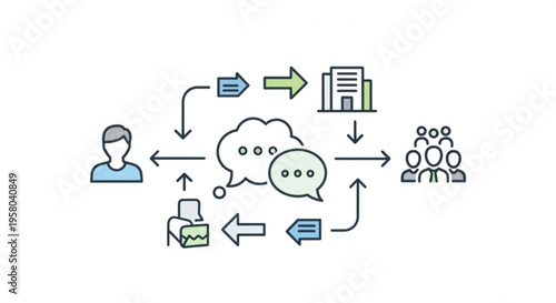 Business communication flowchart with people chat bubbles and data exchange