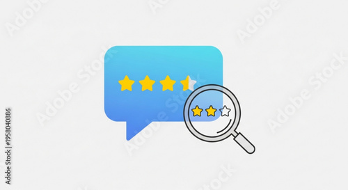 Rating review concept with magnifying glass on speech bubble and stars