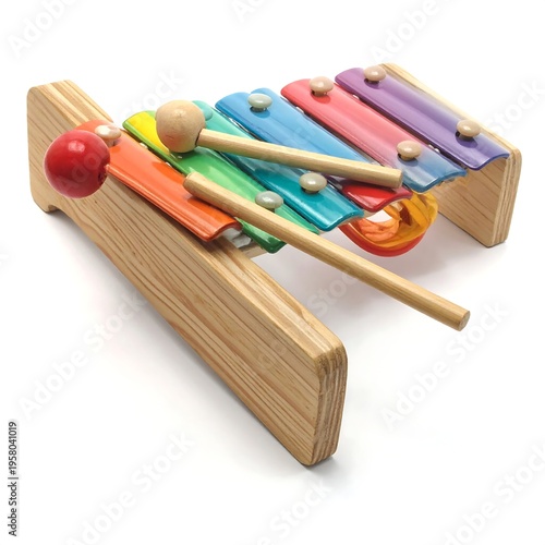 A colorful, wooden xylophone toy sits on a white background, featuring various rainbow-colored keys and two mallets