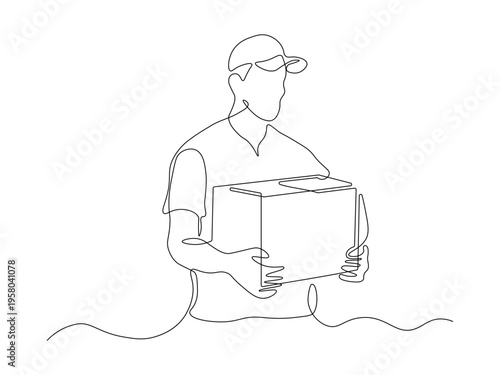 one line drawing of a delivery man in a cap holding a cardboard box, minimalist continuous line illustration on a clean white background