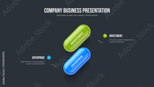 Visual Plan 2 Element Infographic Slideshow Template. Financial Launch Presentation Design Vector Illustration. Enterprise Showcase Two Option Diagram Slide Layout.