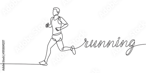 Man running in one line drawing style with word running