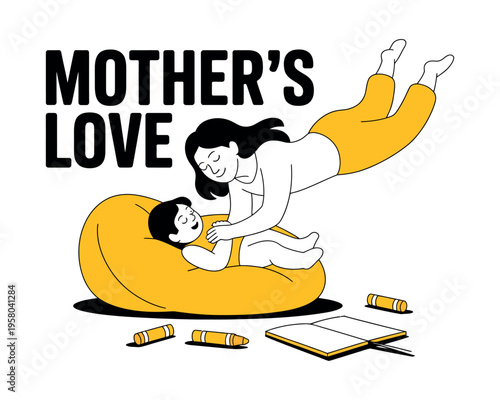 A mother showing love and care to her little child while playing on a bean bag