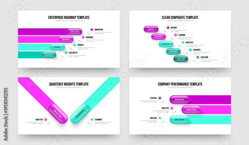 Professional Plan Four Five Two Three Element Diagram Slideshow Layout Vector Illustration Set. Enterprise Launch 4 5 2 3 Option Infographic Presentation Template Collection.