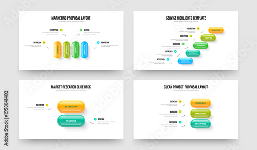 Financial Portfolio Four Five Two Three Element Diagram Presentation Layout Vector Illustration Set. Market Review 4 5 2 3 Option Infographic Frame Template Bundle.