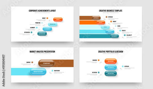 Corporate Performance 4 5 2 3 Step Infographic Slideshow Template Set. Service Analysis Four Five Two Three Option Diagram Presentation Layout Vector Illustration Bundle.