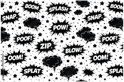 Vibrant comic book style explosion speech bubbles with dynamic onomatopoeic words for graphic design projects