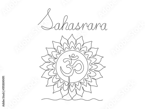 Yandra chakra Sahasrara, continuous single one line art hand drawing sketch logo on white background