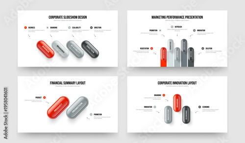 Visual Growth Four Five Two Three Element Diagram Frame Template Vector Illustration Bundle. Modern Solution 4 5 2 3 Option Infographic Presentation Layout Collection.