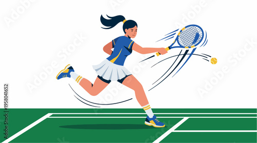 Female tennis player in action on court hitting a powerful forehand shot.
