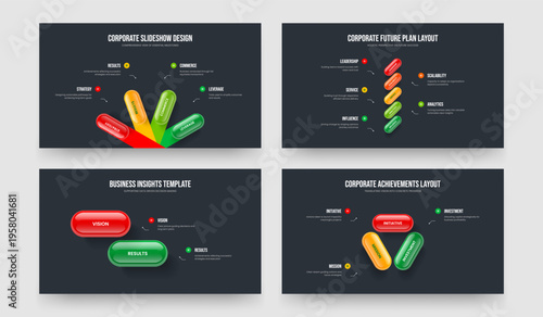 Professional Review 4 5 2 3 Element Infographic Slideshow Layout Set. Product Launch Four Five Two Three Option Diagram Slide Template Vector Illustration Collection.