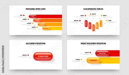 Digital Campaign 4 5 1 2 Option Diagram Slide Layout Set. Product Visualization Four Five One Two Step Infographic Frame Design Vector Illustration Collection.