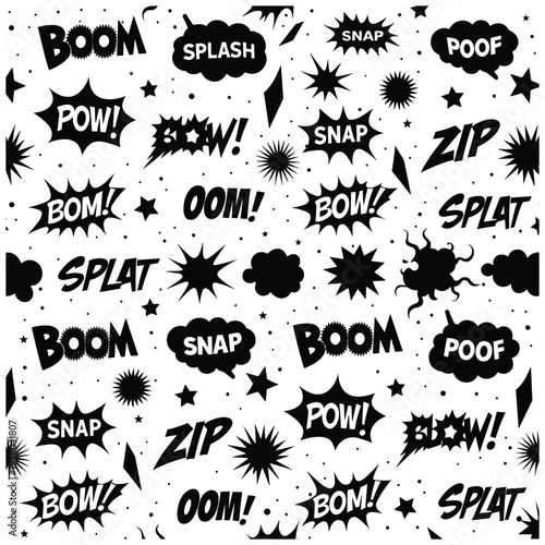 Vibrant comic book style onomatopoeia explosion text effects with dynamic pow boom snap and splat words perfect for graphic design projects