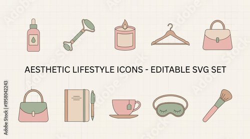 Editable SVG Set of Aesthetic Lifestyle Icons for Social Media and Branding
