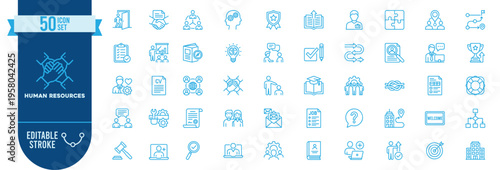 Human Resources icon set. Contain icons related to recruitment, hiring, employee, workforce, career, interview, training, payroll, skills, teamwork, and more. Editable stroke. Vector Illustration