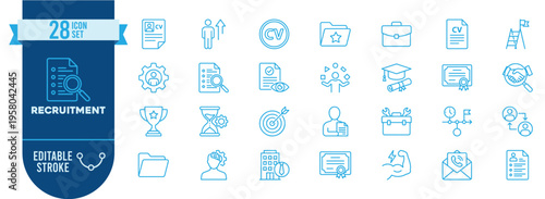 Recruitment icon set. Contain icons related to hiring, job vacancy, candidate, resume, CV, interview, career, employment, skills, certificate, business, and more. Editable stroke. Vector Illustration