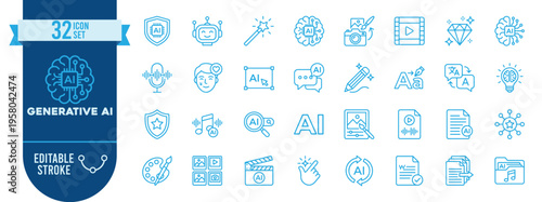 Generative AI icon set. Contain icons related to artificial intelligence, machine learning, chatbot, neural network, text generation, image synthesis, automation, creativity, and more. Editable stroke