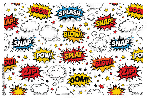Vibrant comic book style explosion background with dynamic onomatopoeic words and speech bubbles for energetic designs