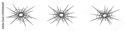 Set of tiny black shattered glass crack symbols with compact radial fracture shapes, useful for damage icons, broken screen overlays, repair labels, and grunge effect design.