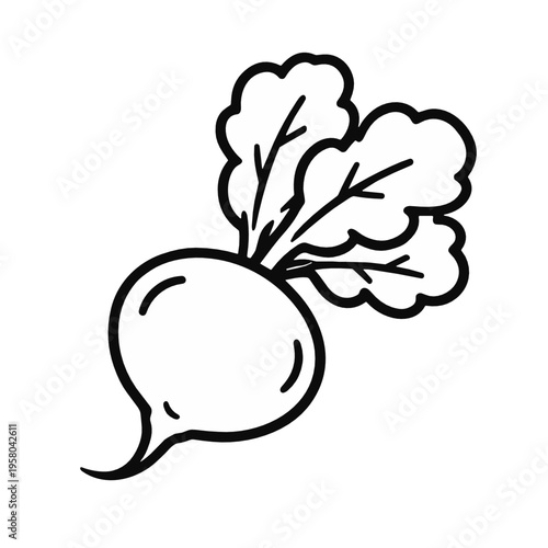Simple beetroot outline icon with leafy top and curved root. Fresh farm vegetable vector for organic labels, grocery design, nutrition topics and recipe graphics.