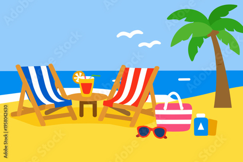Two striped deck chairs and a fresh cocktail sit on sunny sand near the sea and palm tree. Relaxing tropical vacation scene with beach bag, sunglasses and resort leisure atmosphere.
