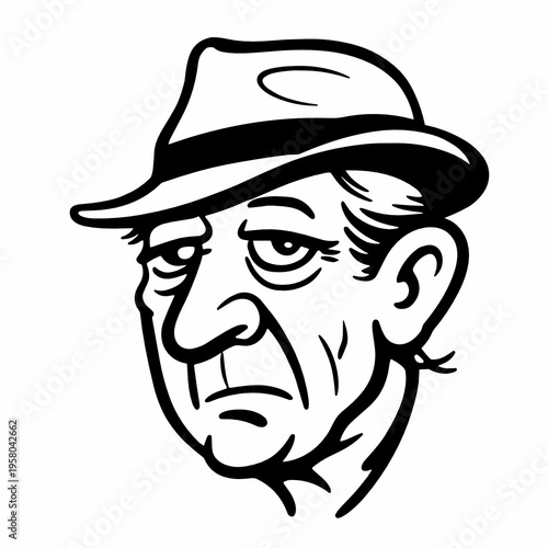 Hand drawn vector portrait of a serious elderly man wearing a brimmed hat in bold black outline. Expressive face illustration with vintage character and thoughtful mood.