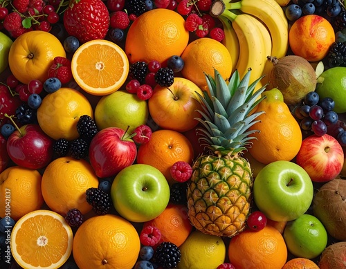 Vibrant Assortment of Fresh and Colorful Fruits Healthy Eating Concept.